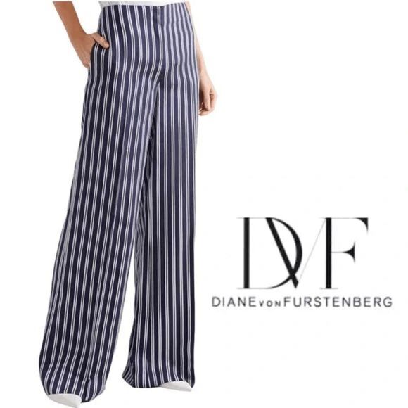 Diane Von Furstenburg Blue Striped Twill Wide-leg Pants - Picture 1 of 11